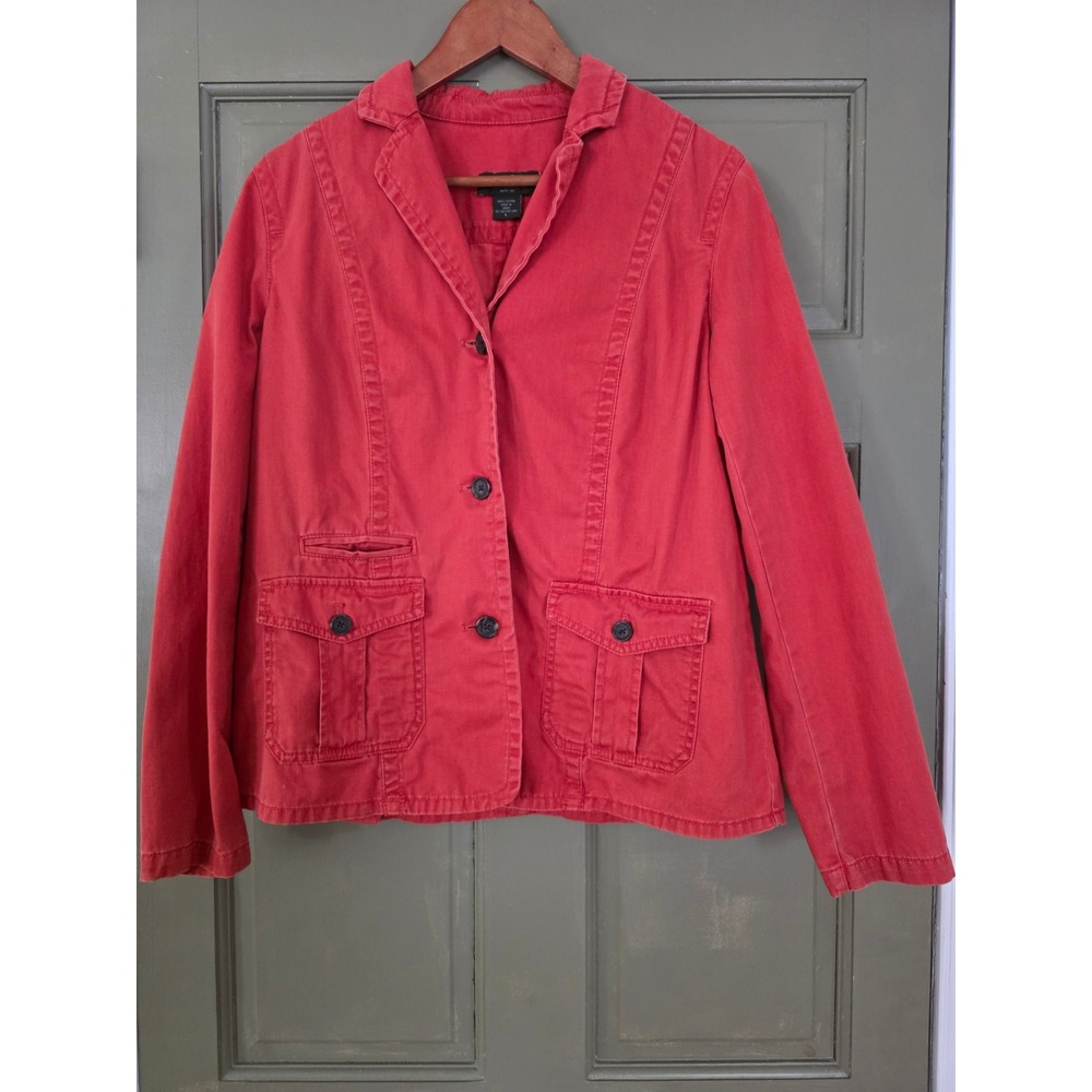 Eddie Bauer Rust Red Cotton Utility Jacket Womens L 3 Button Cargo Pocket Blazer